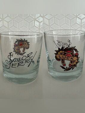 SAILOR JERRY Tattoo Lowball Glass Cocktails Luck Horseshoe Barware Rocks Edgy